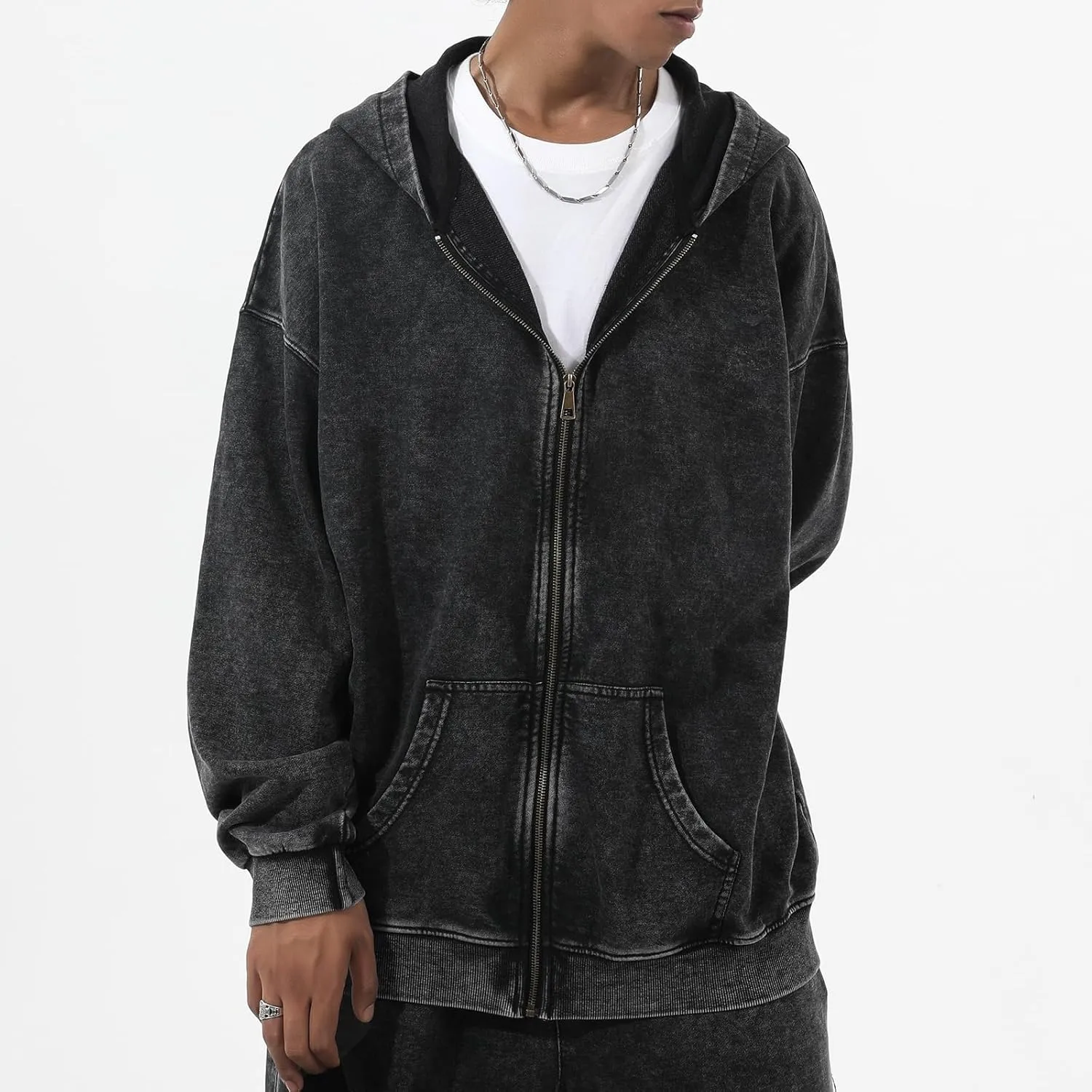 Bobeutou Mens Zip Up Acid Wash Hoodie Vintage Oversized Casual Fall Jacket Cotton Hooded Sweatshirts with Pockets Streetwear