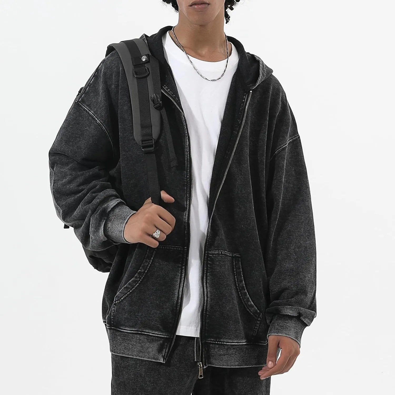 Bobeutou Mens Zip Up Acid Wash Hoodie Vintage Oversized Casual Fall Jacket Cotton Hooded Sweatshirts with Pockets Streetwear