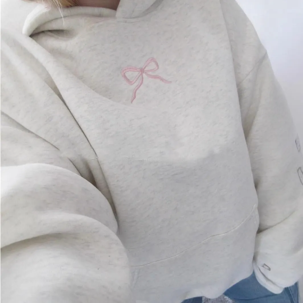Bow Hoodie Hibiscus Women Oversized Cute Graphic Embroidered Preppy Y2K Long Sleeve Sweatshirt Pullover