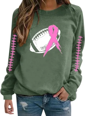 Breast Cancer Awareness Hoodies for Women Pink Ribbon Pullover Hoodie Football Sweatshirts Long Sleeve Oversized Tops