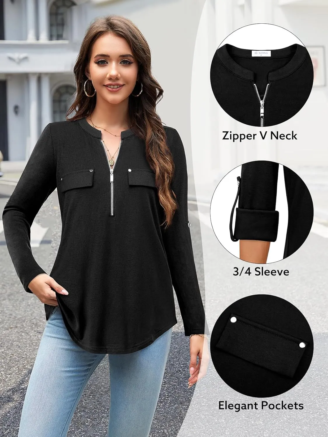 Bulotus Women's Zip Front V-Neck 3/4 Sleeve Tunic Casual Top
