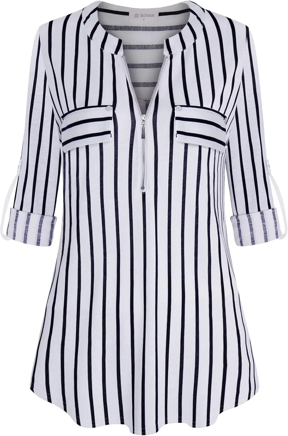 Bulotus Women's Zip Front V-Neck 3/4 Sleeve Tunic Casual Top