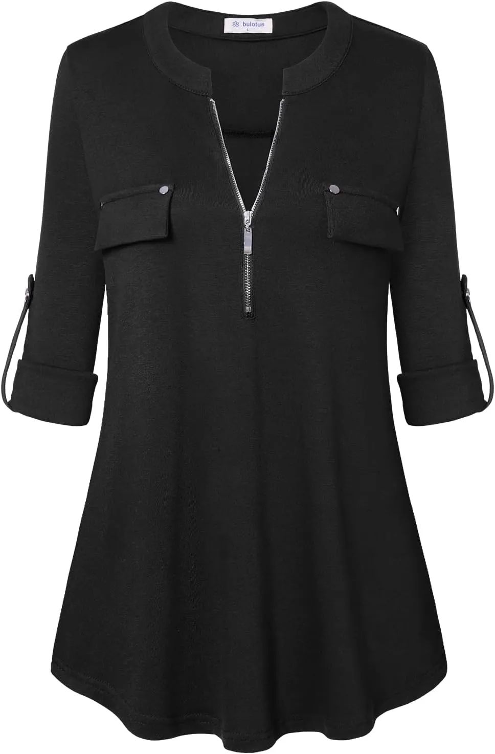 Bulotus Women's Zip Front V-Neck 3/4 Sleeve Tunic Casual Top