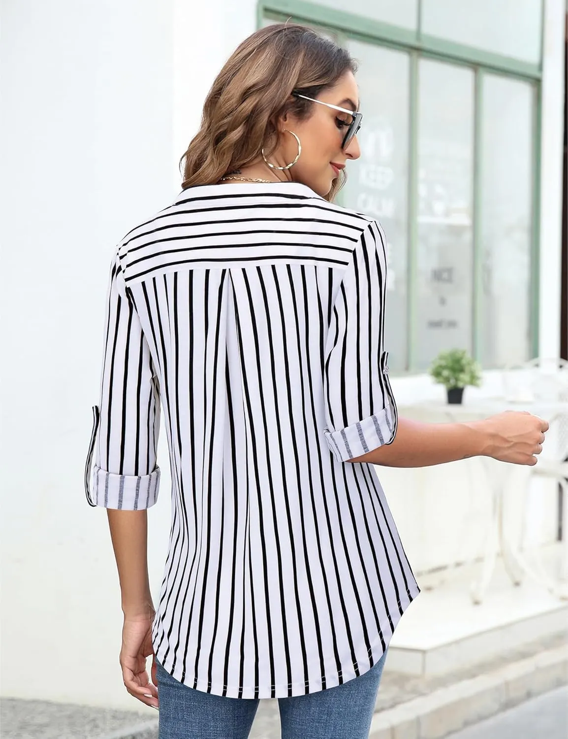 Bulotus Women's Zip Front V-Neck 3/4 Sleeve Tunic Casual Top
