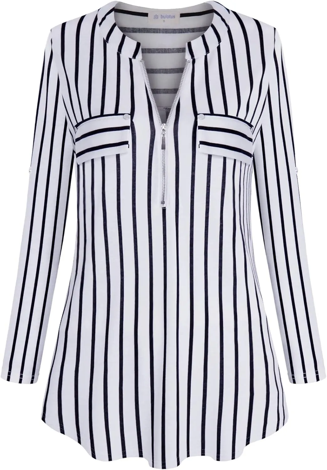 Bulotus Women's Zip Front V-Neck 3/4 Sleeve Tunic Casual Top
