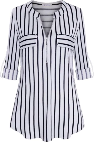 Bulotus Women's Zip Front V-Neck 3/4 Sleeve Tunic Casual Top