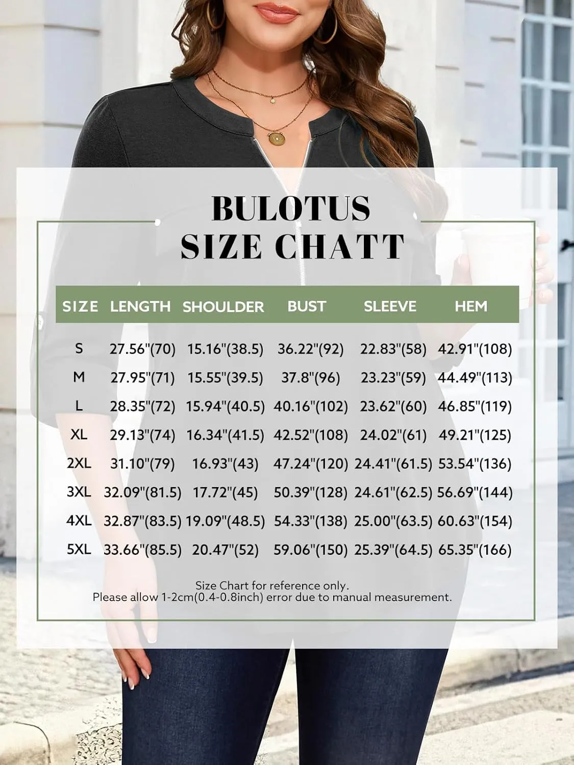 Bulotus Women's Zip Front V-Neck 3/4 Sleeve Tunic Casual Top