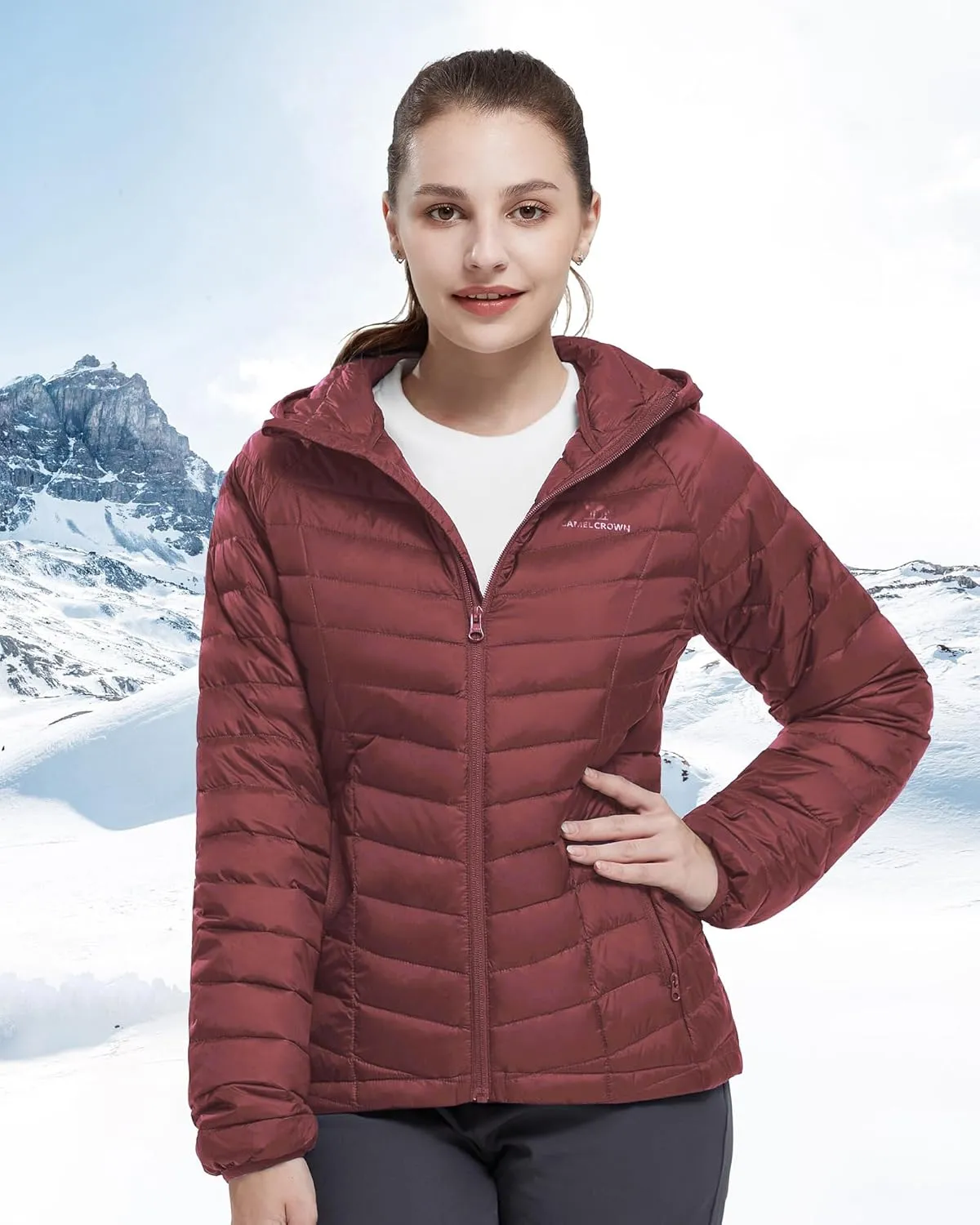 CAMELSPORTS Women's Down Jacket Hooded Winter Light Weight Short Puffer Coats Packable Warm Windproof Ladies Parka