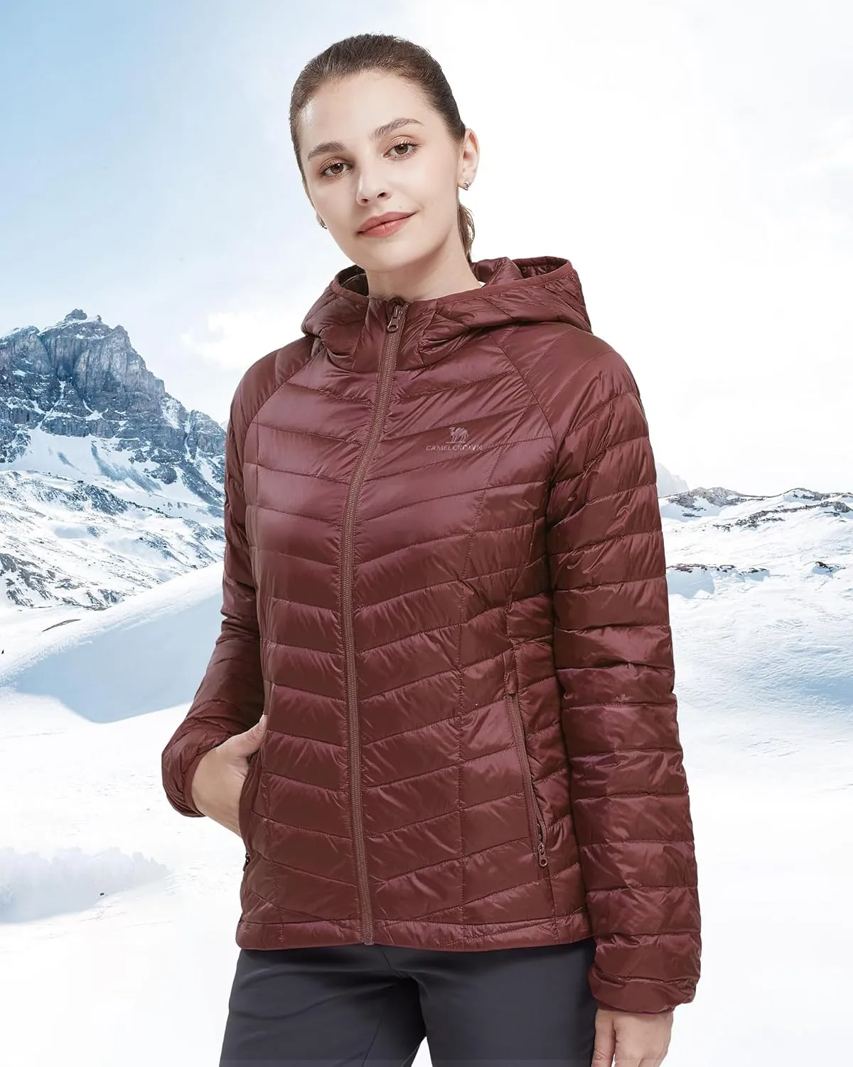 CAMELSPORTS Women's Down Jacket Hooded Winter Light Weight Short Puffer Coats Packable Warm Windproof Ladies Parka