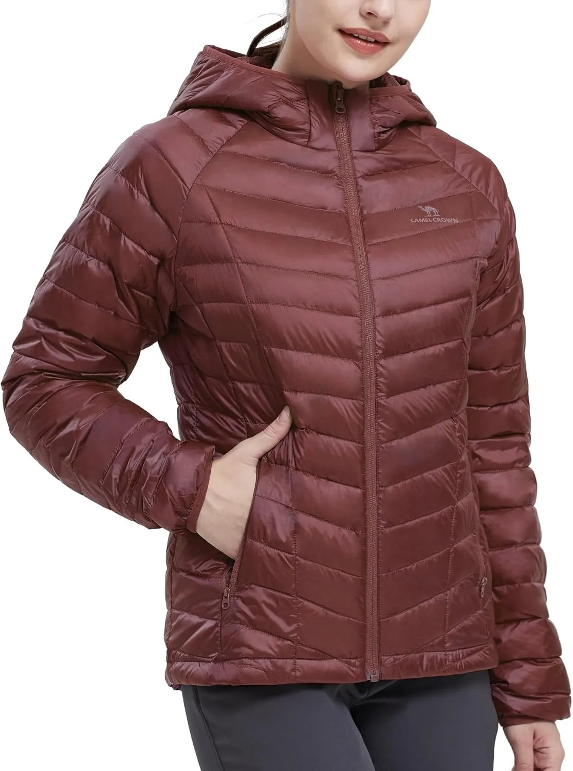CAMELSPORTS Women's Down Jacket Hooded Winter Light Weight Short Puffer Coats Packable Warm Windproof Ladies Parka