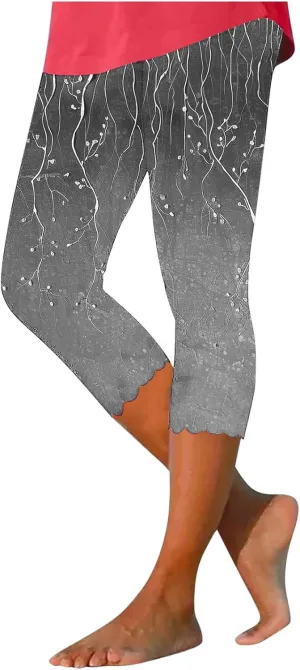 Capri Leggings for Women Floral Print High Waist Capris Pants Tummy Control Knee Length Slim Yoga Cropped Trouser