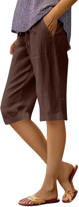 Capri Pants for Women Casual Summer Drawstring Elastic Waist Linen Pant Straight Wide Leg Pocket Cropped Trouser