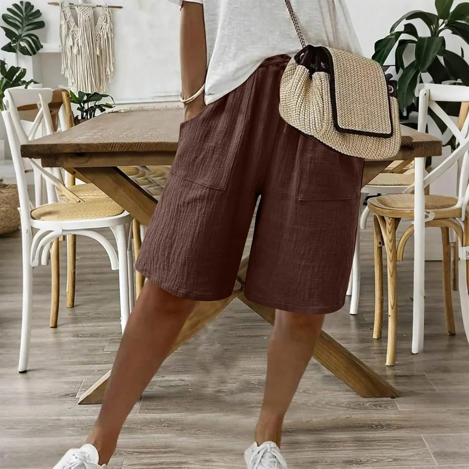 Capri Pants for Women Casual Summer Drawstring Elastic Waist Linen Pant Straight Wide Leg Pocket Cropped Trouser