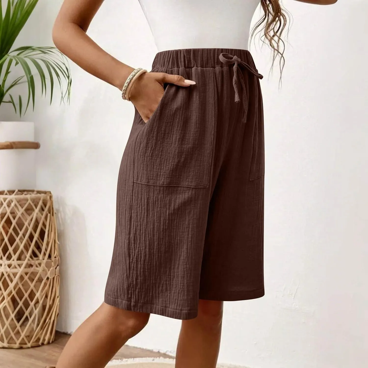 Capri Pants for Women Casual Summer Drawstring Elastic Waist Linen Pant Straight Wide Leg Pocket Cropped Trouser