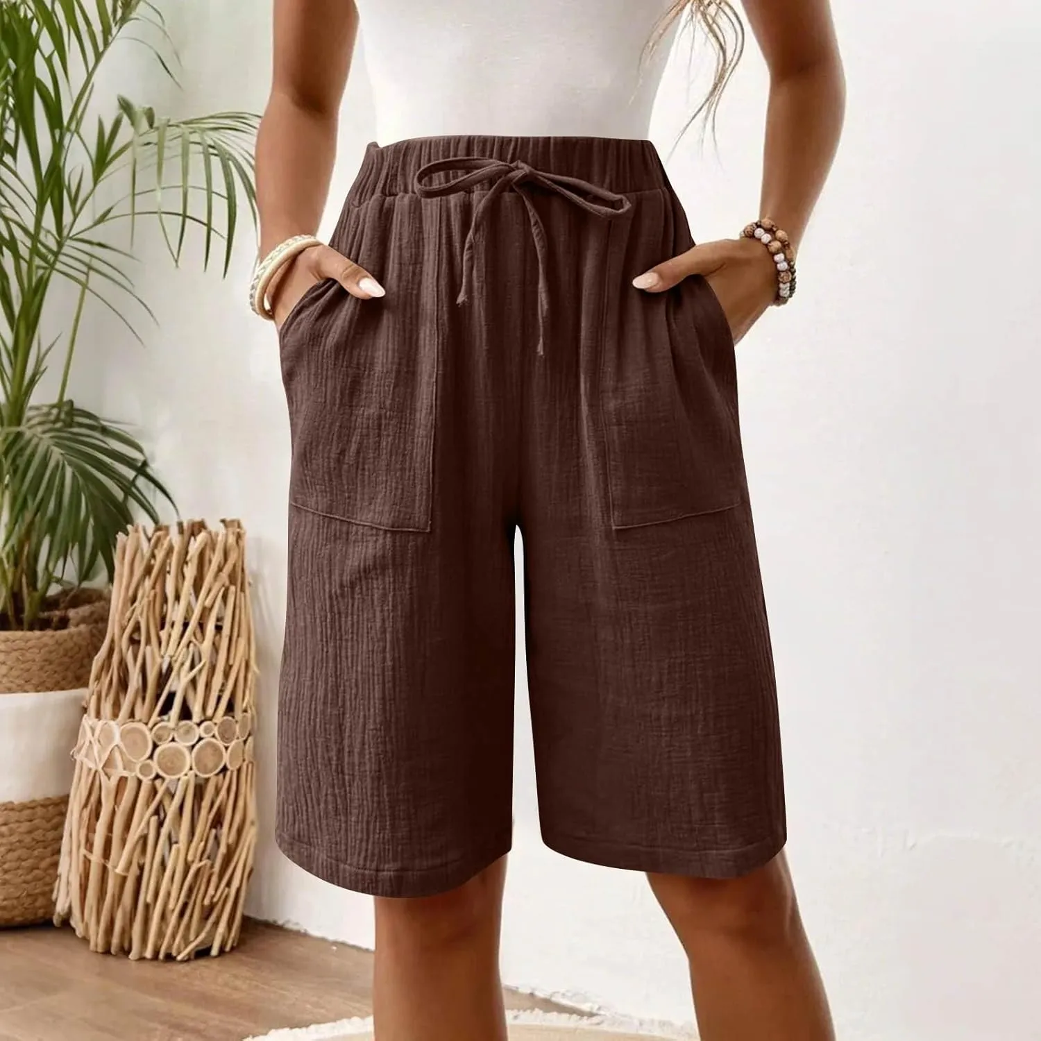 Capri Pants for Women Casual Summer Drawstring Elastic Waist Linen Pant Straight Wide Leg Pocket Cropped Trouser