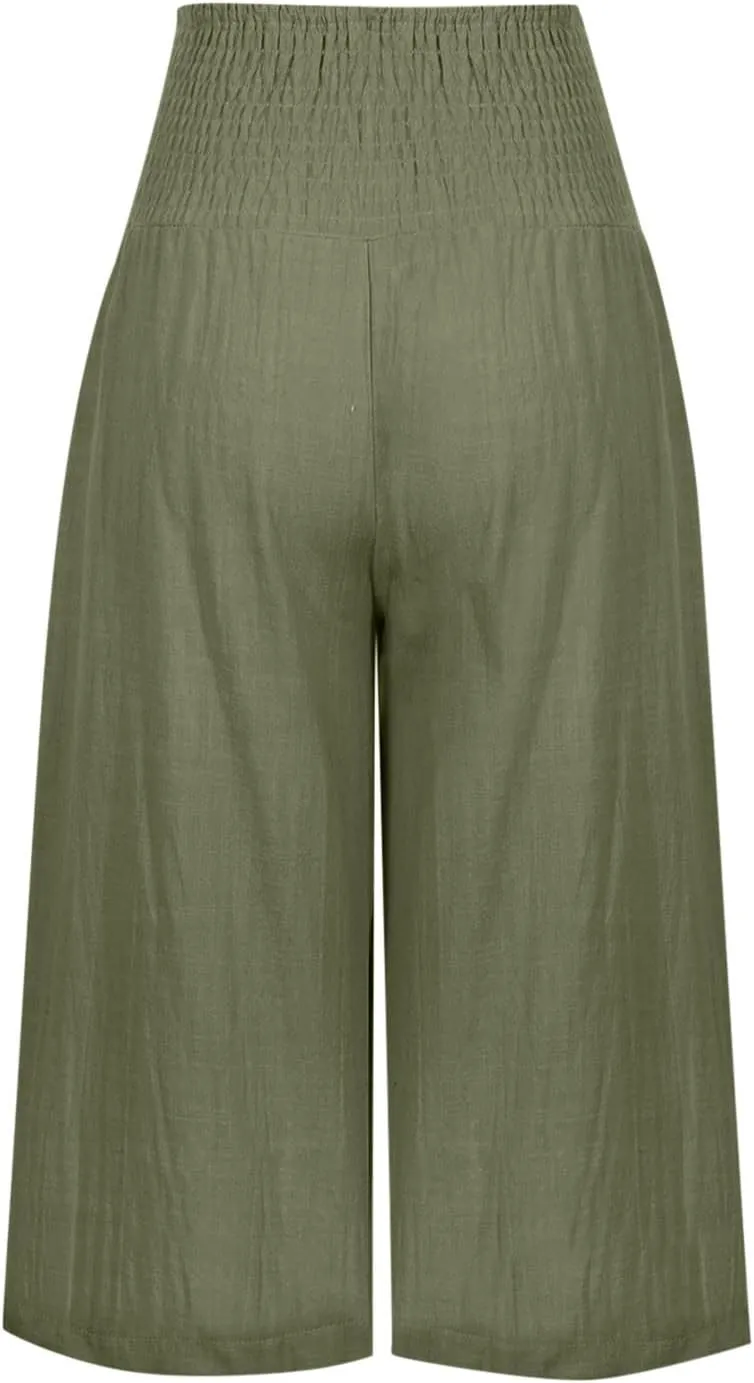 Capri Pants for Women High Waisted Wide Leg Linen Capris Summer Loose Elastic Trousers with Pockets