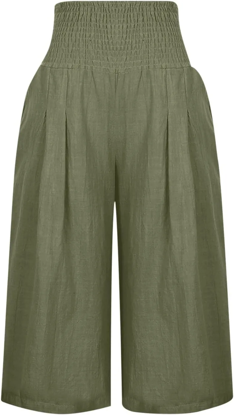 Capri Pants for Women High Waisted Wide Leg Linen Capris Summer Loose Elastic Trousers with Pockets