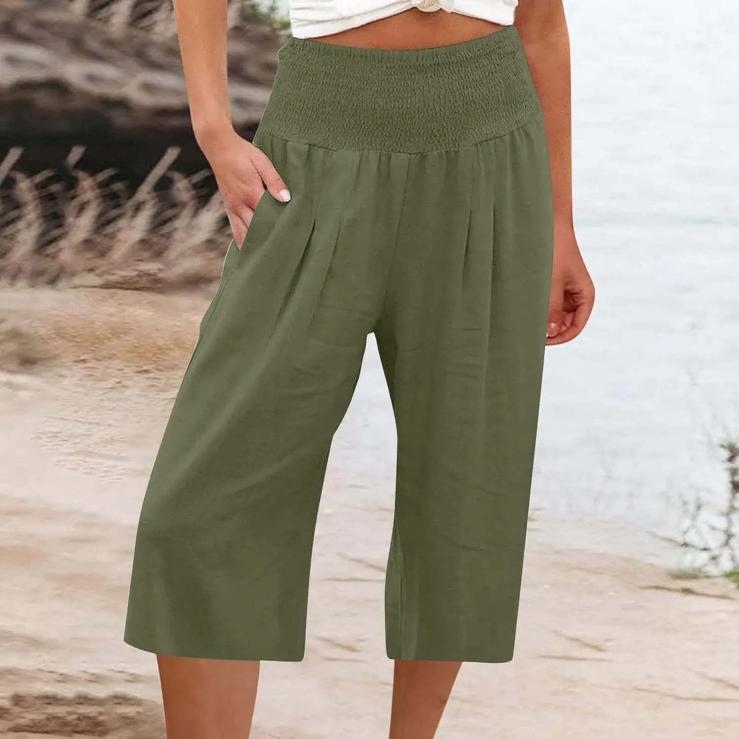 Capri Pants for Women High Waisted Wide Leg Linen Capris Summer Loose Elastic Trousers with Pockets