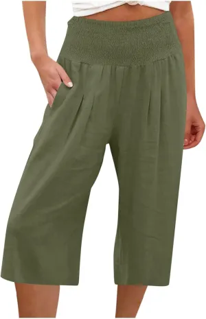 Capri Pants for Women High Waisted Wide Leg Linen Capris Summer Loose Elastic Trousers with Pockets