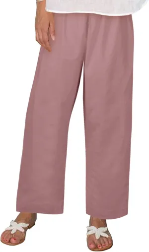Casual Linen Trousers for Women Solid Color Straight Leg Elastic Waist Loose Comfy Travel Pants Autumn Outdoor Slacks