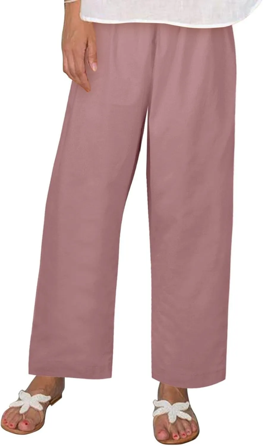 Casual Linen Trousers for Women Solid Color Straight Leg Elastic Waist Loose Comfy Travel Pants Autumn Outdoor Slacks