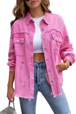 CHARTOU Women's Oversized Distressed Button Down Shacket Fringe Denim Jean Jacket