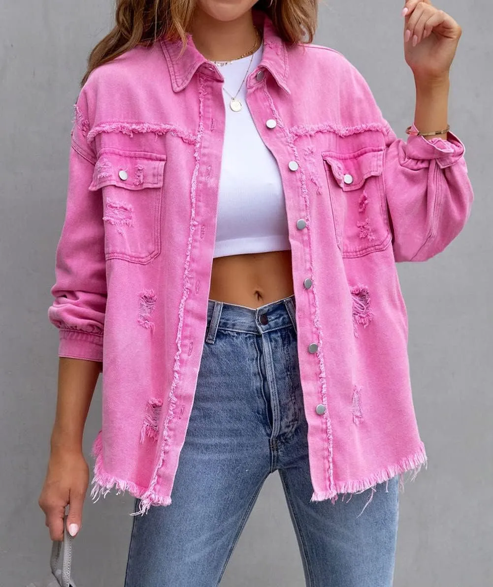 CHARTOU Women's Oversized Distressed Button Down Shacket Fringe Denim Jean Jacket