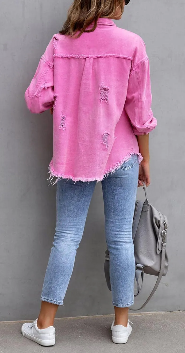 CHARTOU Women's Oversized Distressed Button Down Shacket Fringe Denim Jean Jacket