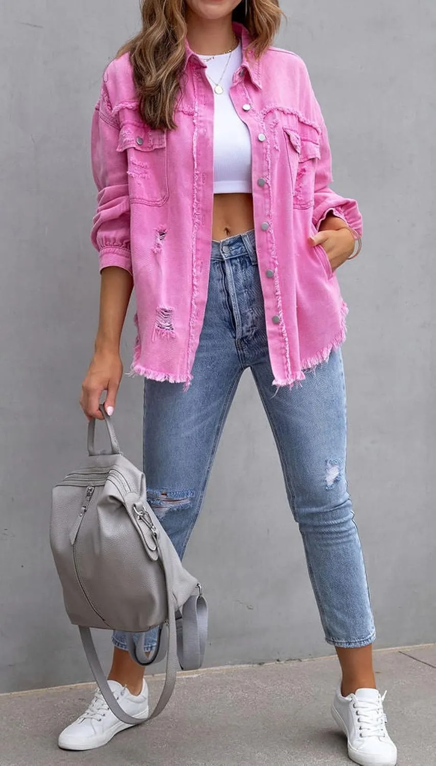CHARTOU Women's Oversized Distressed Button Down Shacket Fringe Denim Jean Jacket