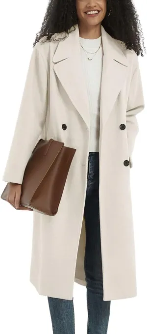 chouyatou Women's Business Casual Double Breasted Wool Coat Notch Lapel Midi Long Winter Trench Coat