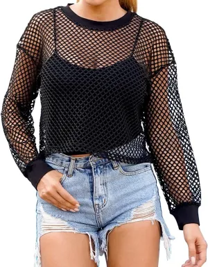 CLOZOZ Women's Mesh Cover Up See Through Fishnet T-Shirt Crop Top