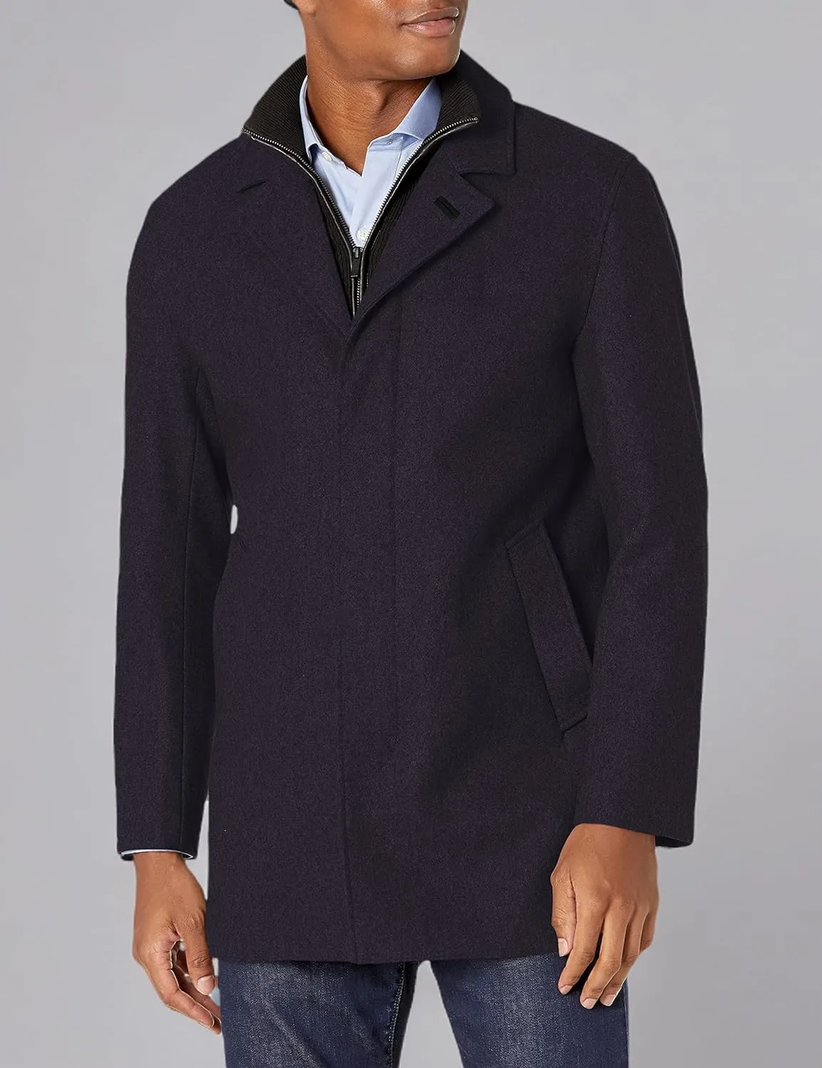 Cole Haan Men's Classic Melton Top Coat with Faux Leather Details
