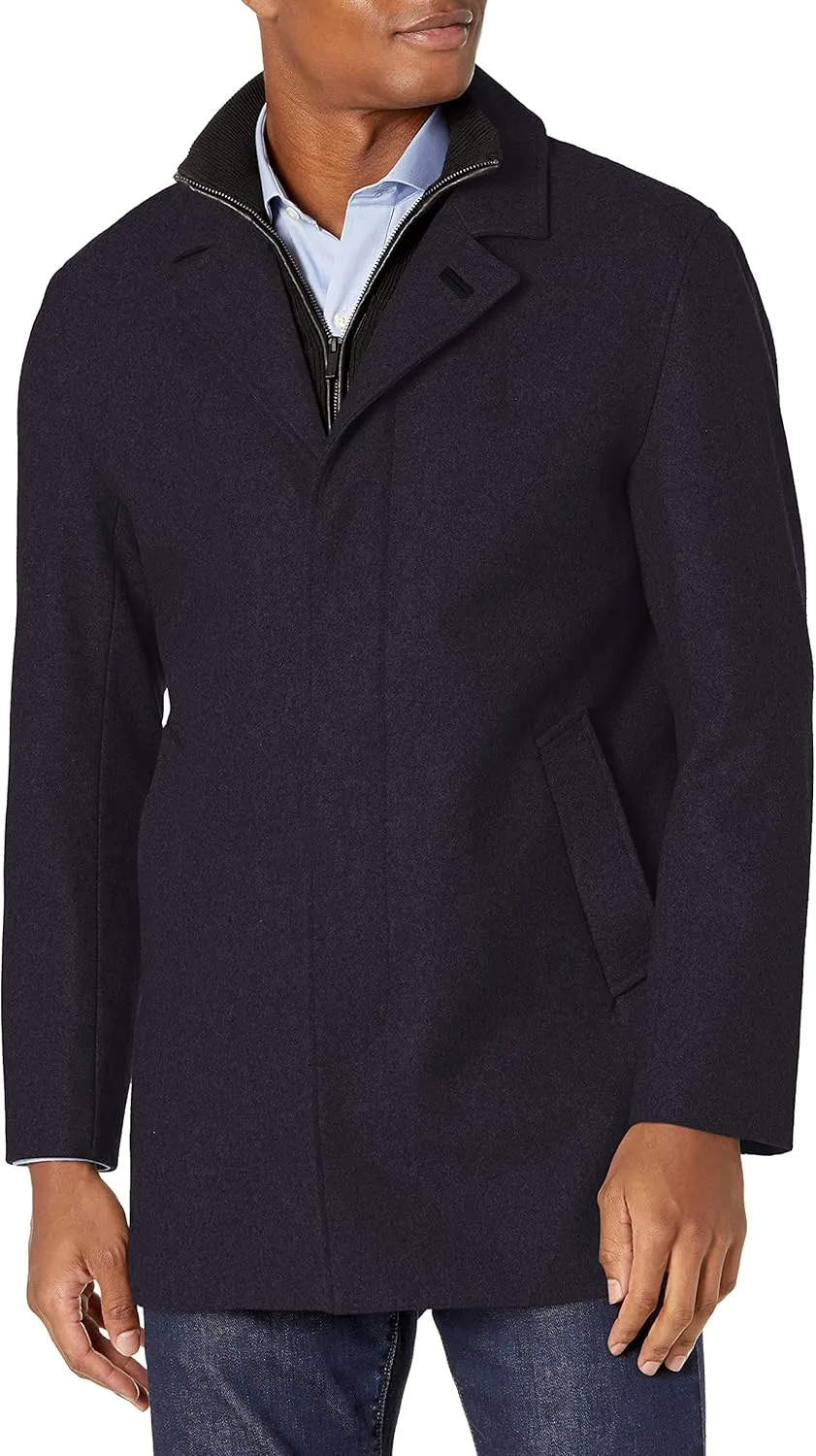 Cole Haan Men's Classic Melton Top Coat with Faux Leather Details