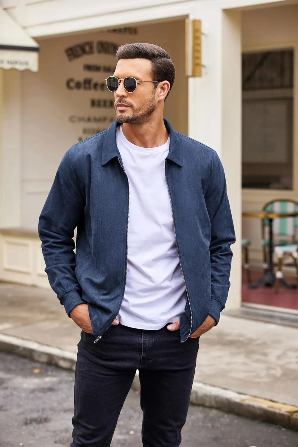 COOFANDY Men's Casual Suede Bomber Jacket Lightweight Full Zip Up Jackets Vintage Faux Leather Jacket