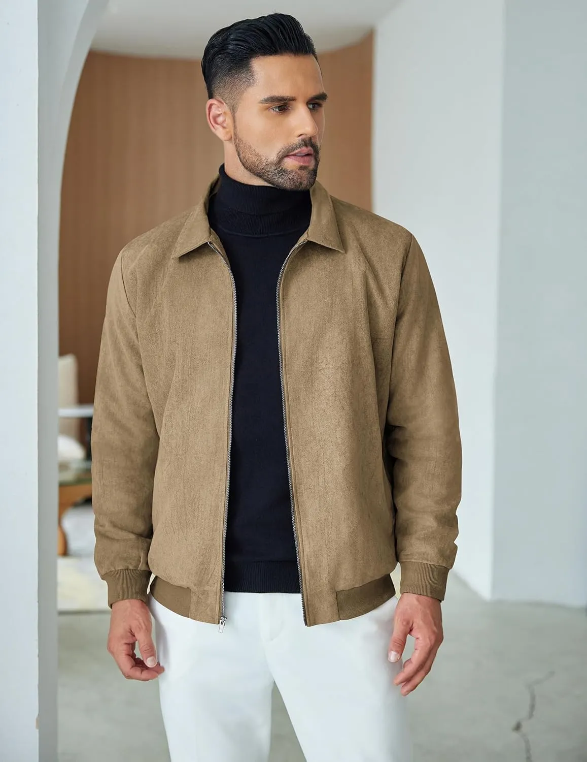 COOFANDY Men's Casual Suede Bomber Jacket Lightweight Full Zip Up Jackets Vintage Faux Leather Jacket