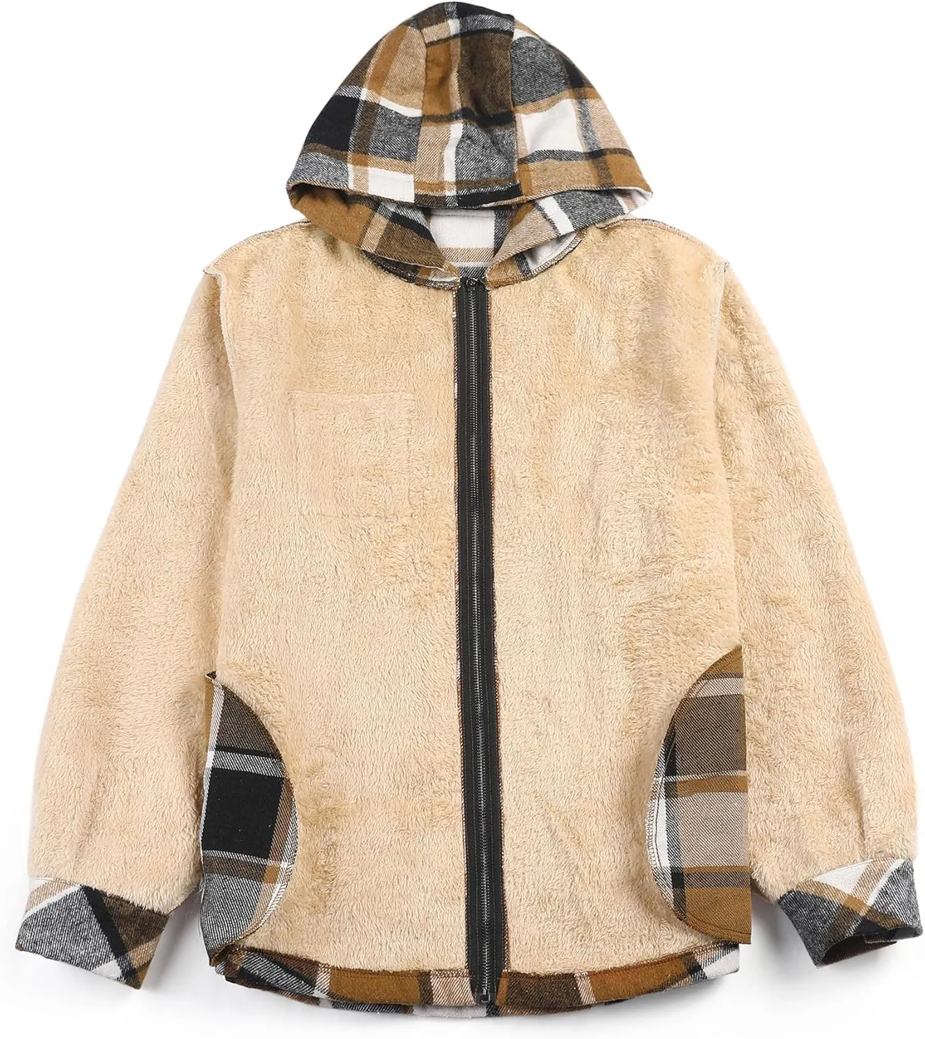 COOFANDY Men's Flannel Fleece Jacket Sherpa Lined Shirt Jacket Plaid Zip Up Hoodie Soft Warm Coat with Hood