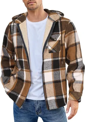 COOFANDY Men's Flannel Fleece Jacket Sherpa Lined Shirt Jacket Plaid Zip Up Hoodie Soft Warm Coat with Hood