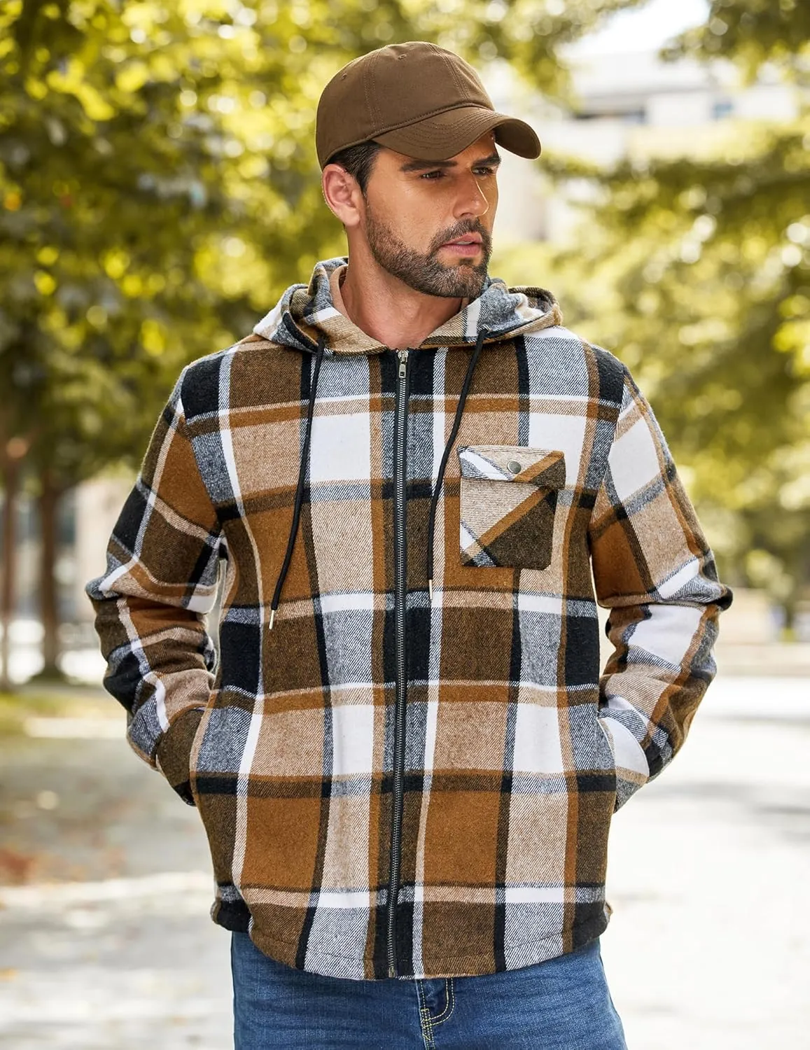 COOFANDY Men's Flannel Fleece Jacket Sherpa Lined Shirt Jacket Plaid Zip Up Hoodie Soft Warm Coat with Hood