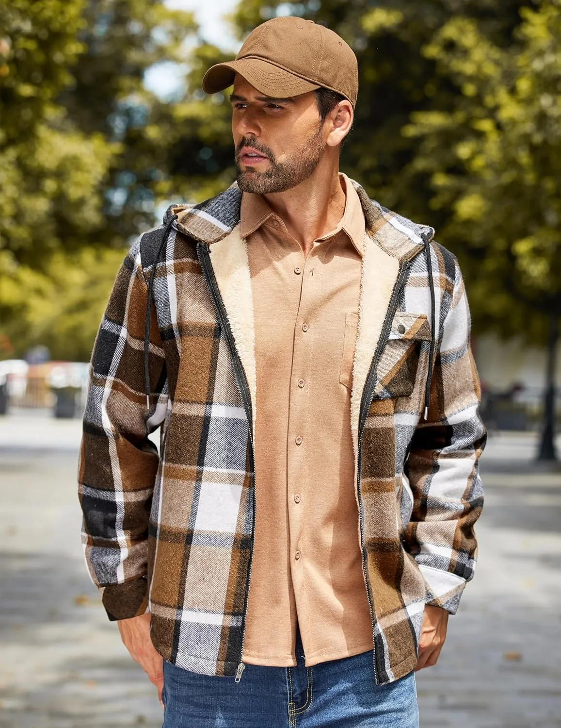 COOFANDY Men's Flannel Fleece Jacket Sherpa Lined Shirt Jacket Plaid Zip Up Hoodie Soft Warm Coat with Hood