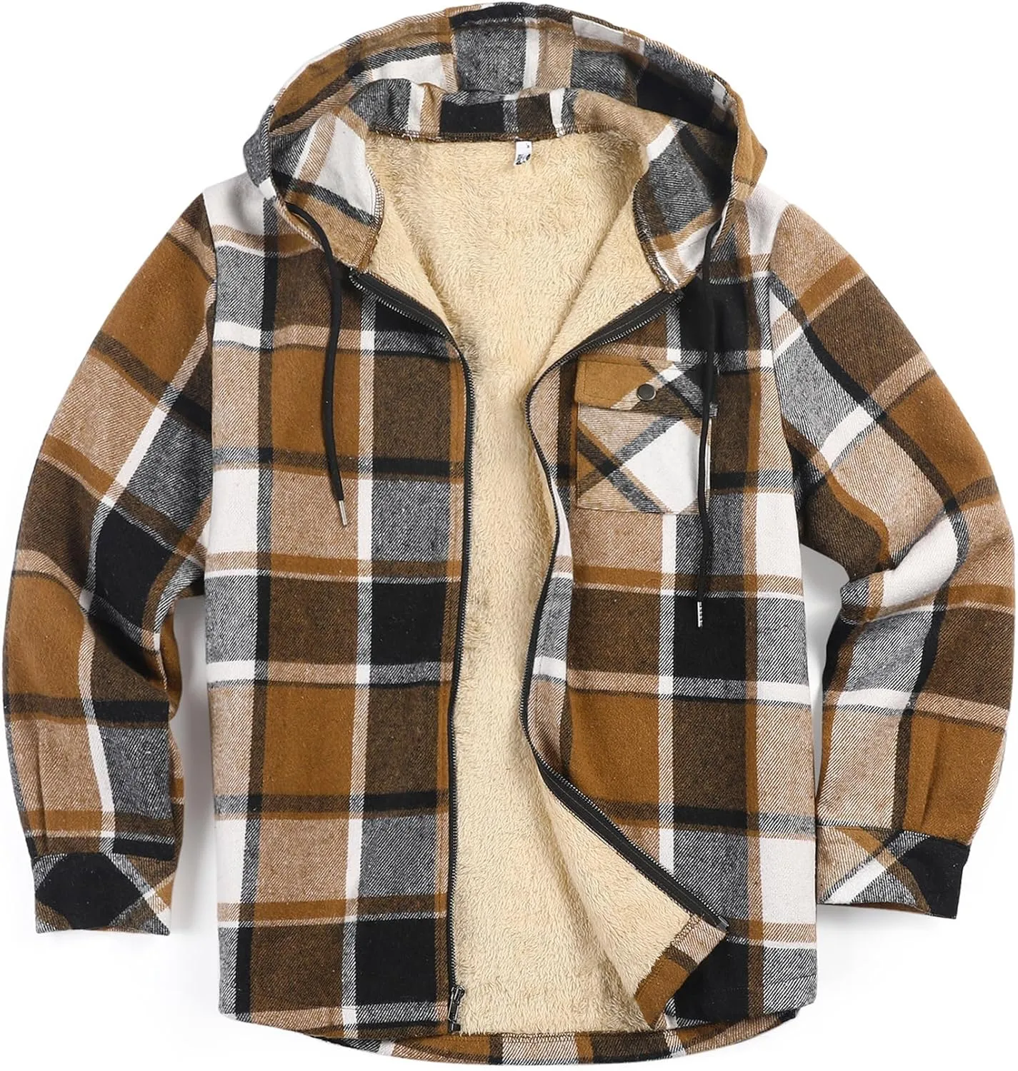 COOFANDY Men's Flannel Fleece Jacket Sherpa Lined Shirt Jacket Plaid Zip Up Hoodie Soft Warm Coat with Hood