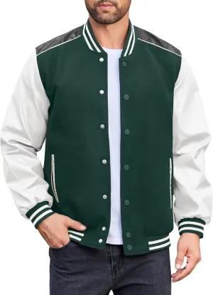 COOFANDY Mens Varsity Jacket Casual Leather Sleeve Baseball Letterman Bomber Jacket Coat