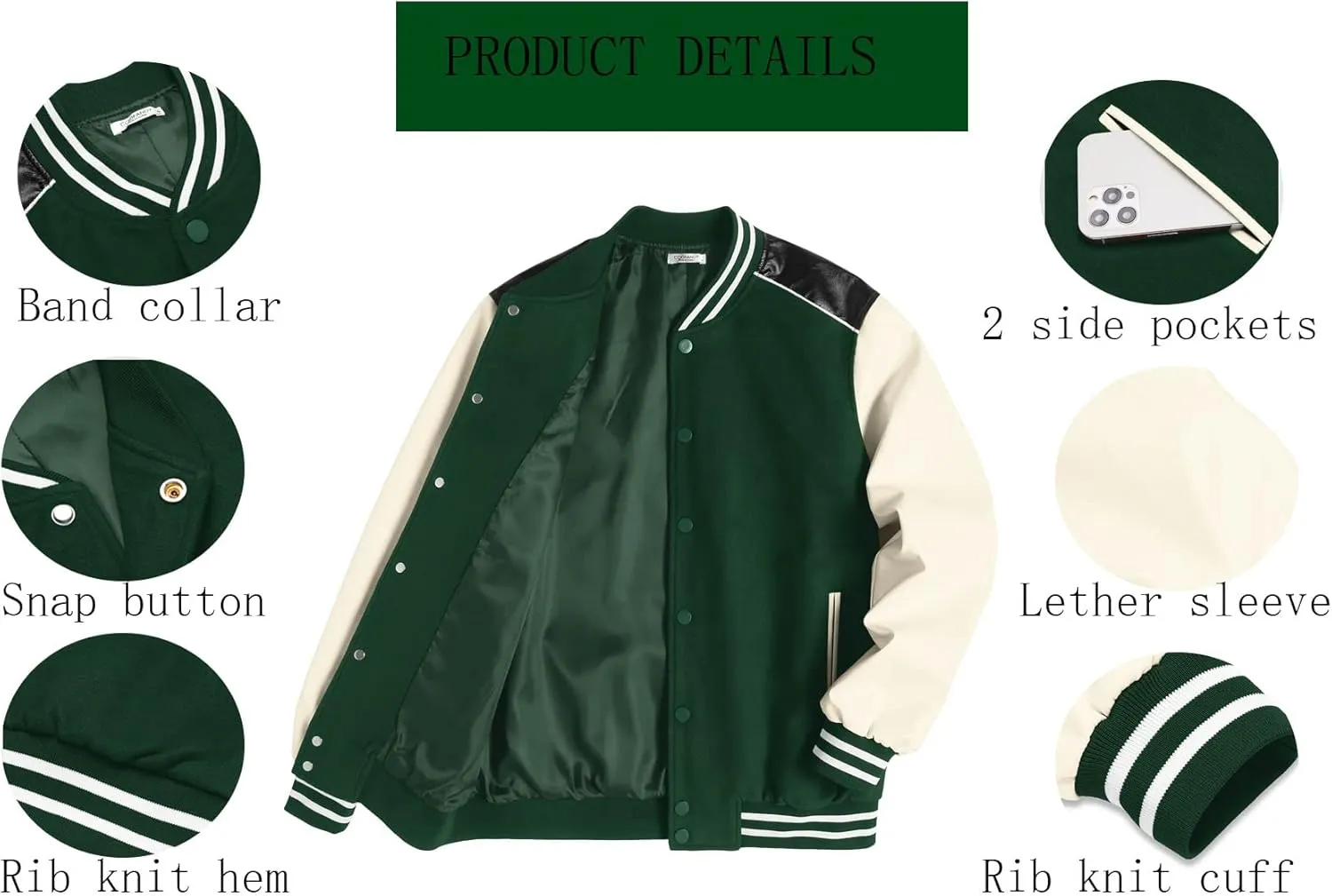 COOFANDY Mens Varsity Jacket Casual Leather Sleeve Baseball Letterman Bomber Jacket Coat