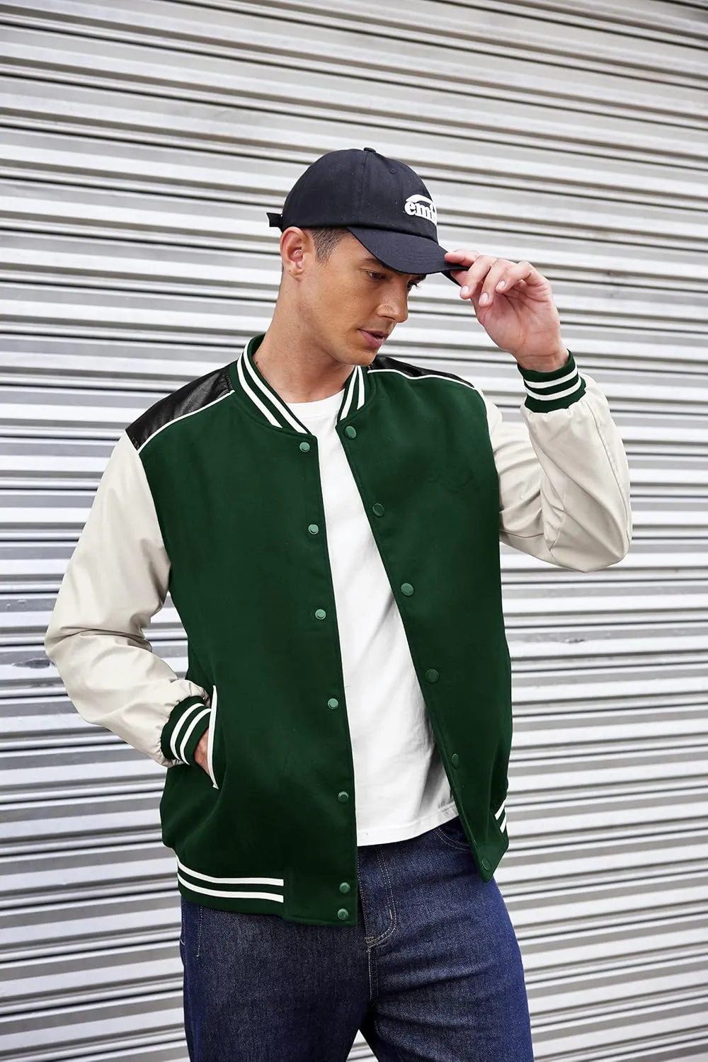 COOFANDY Mens Varsity Jacket Casual Leather Sleeve Baseball Letterman Bomber Jacket Coat