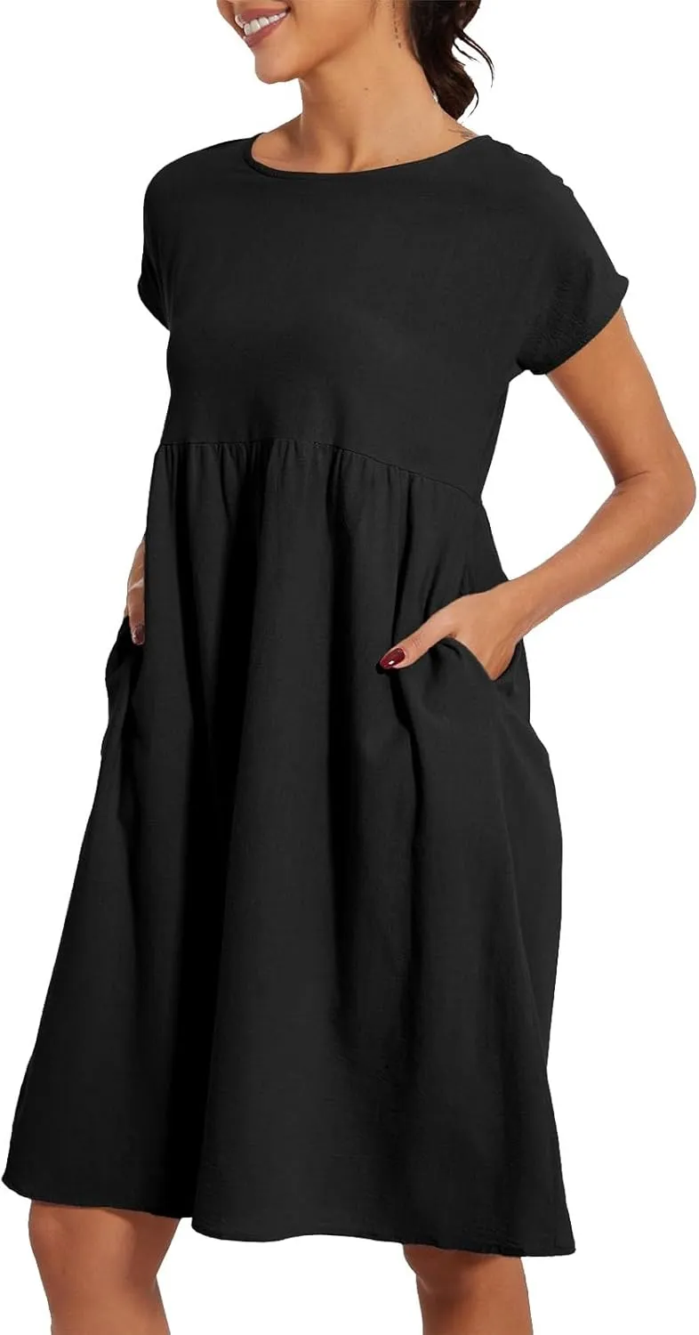 Cotton Linen Dresses for Women 2025 Summer Crewneck Short Sleeve Boho Maxi Dress Casual Loose Beach Dresses with Pockets