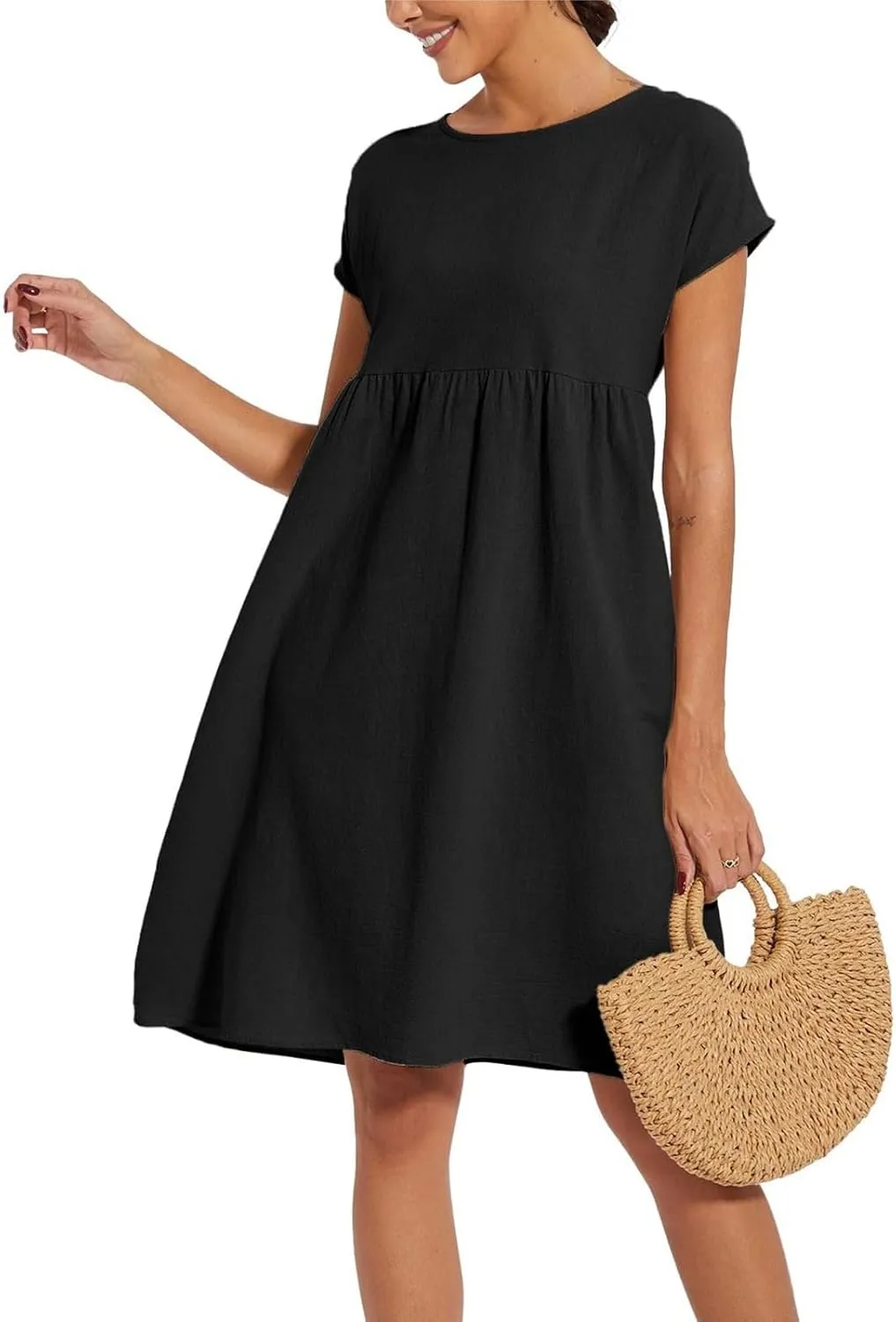 Cotton Linen Dresses for Women 2025 Summer Crewneck Short Sleeve Boho Maxi Dress Casual Loose Beach Dresses with Pockets