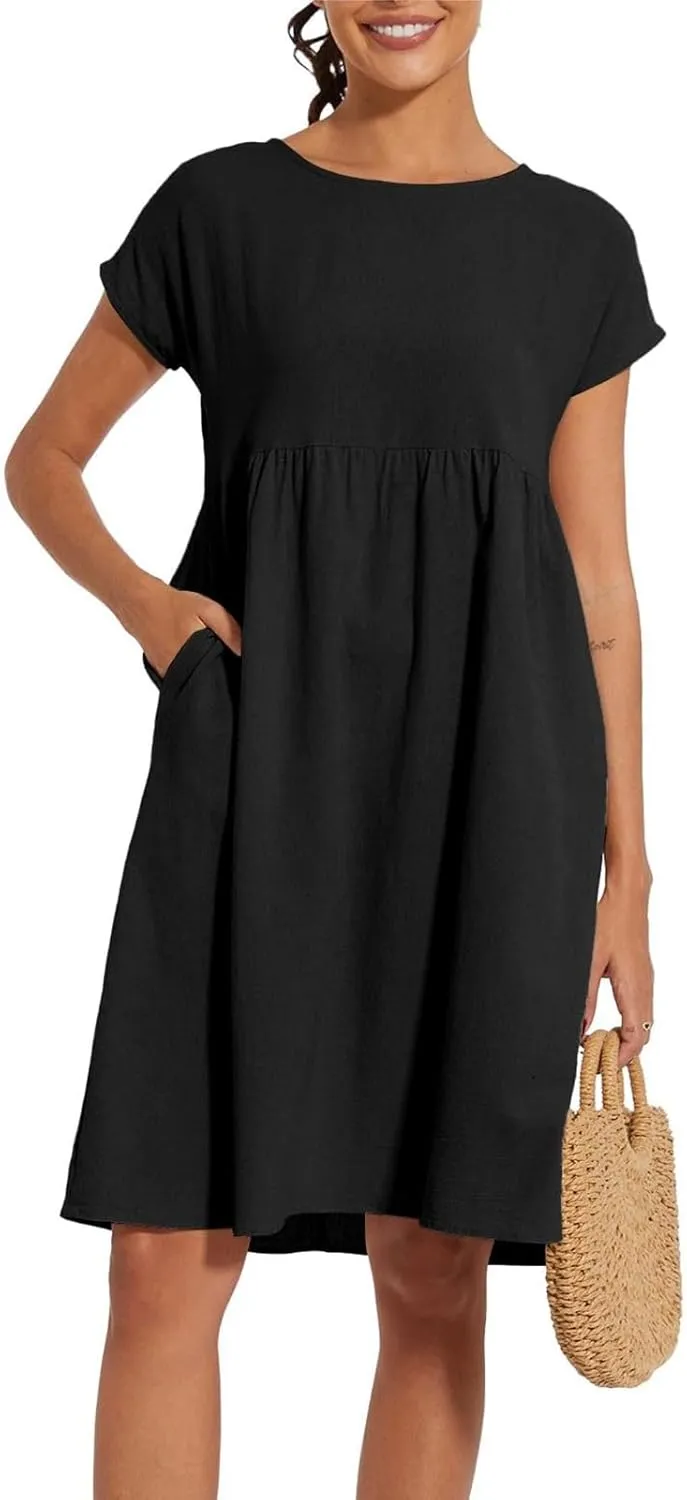 Cotton Linen Dresses for Women 2025 Summer Crewneck Short Sleeve Boho Maxi Dress Casual Loose Beach Dresses with Pockets