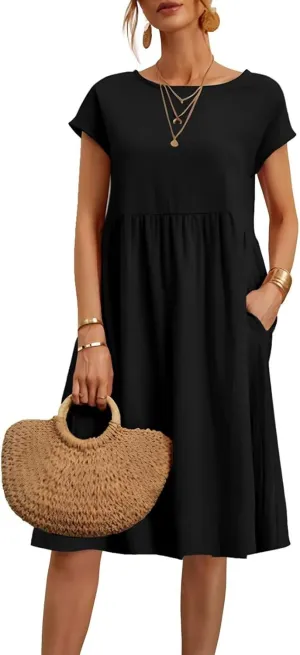 Cotton Linen Dresses for Women 2025 Summer Crewneck Short Sleeve Boho Maxi Dress Casual Loose Beach Dresses with Pockets