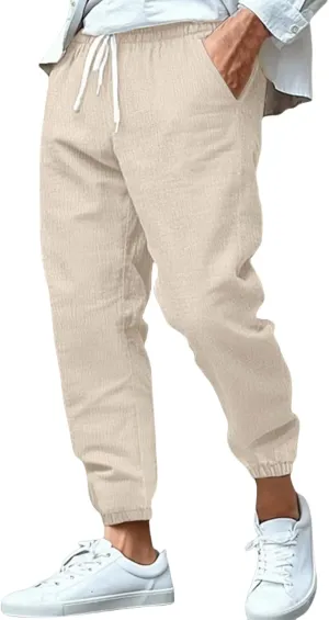 Cotton Linen Pants for Men Straight Legs Sweatpants Elastic Waist Loose Lightweight Summer Beach Outdoor Trousers