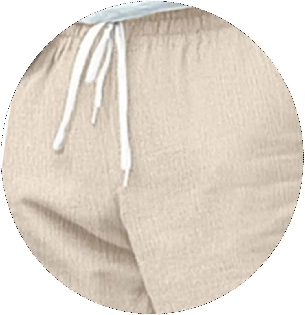 Cotton Linen Pants for Men Straight Legs Sweatpants Elastic Waist Loose Lightweight Summer Beach Outdoor Trousers