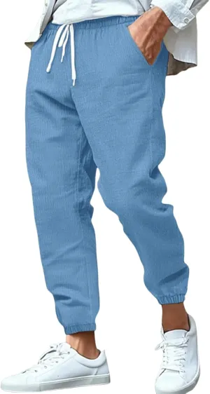 Cotton Linen Pants for Men Straight Legs Sweatpants Elastic Waist Loose Lightweight Summer Beach Outdoor Trousers